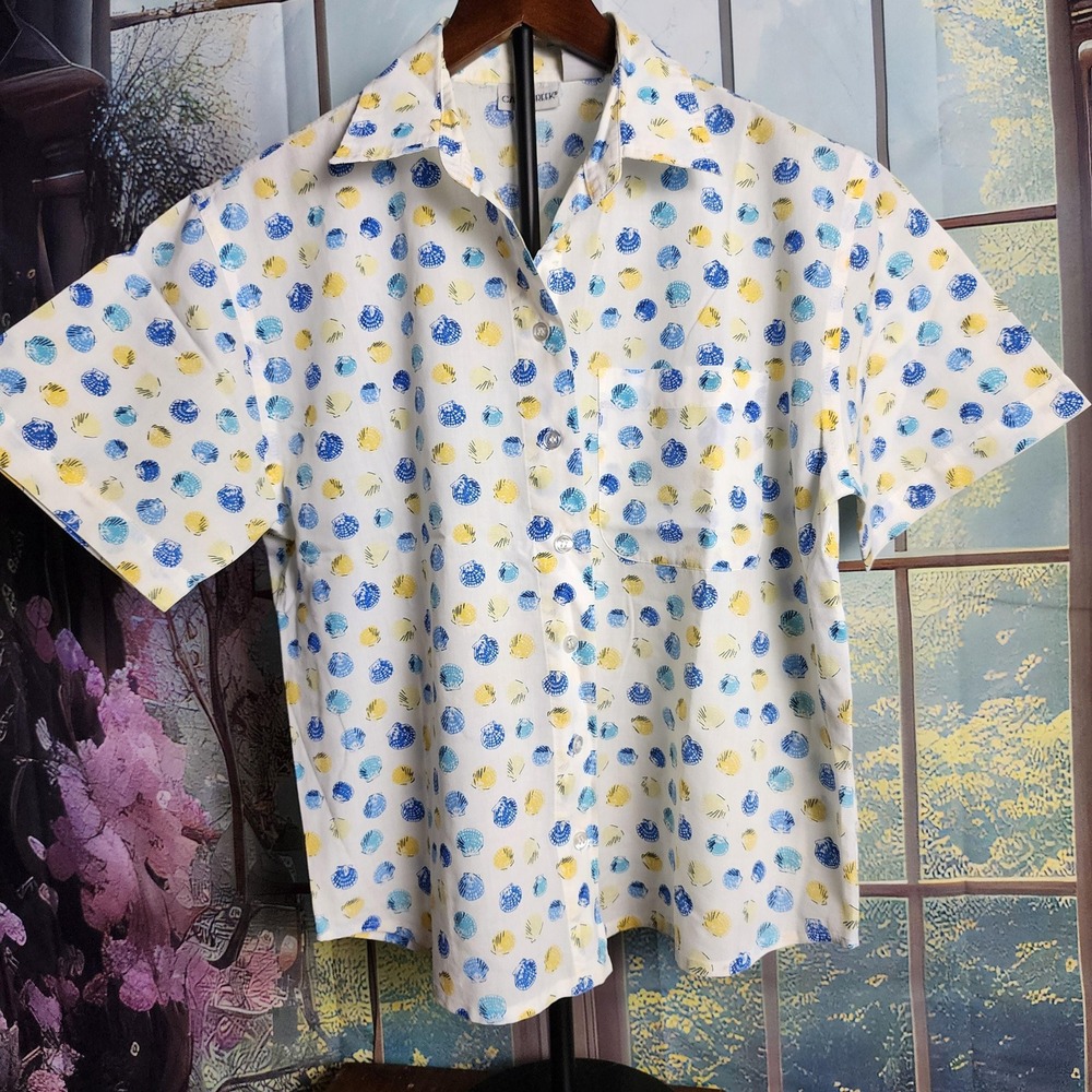 White Short Sleeve Button Up With Blue and Yellow Large Dots Vintage 90s Blouse